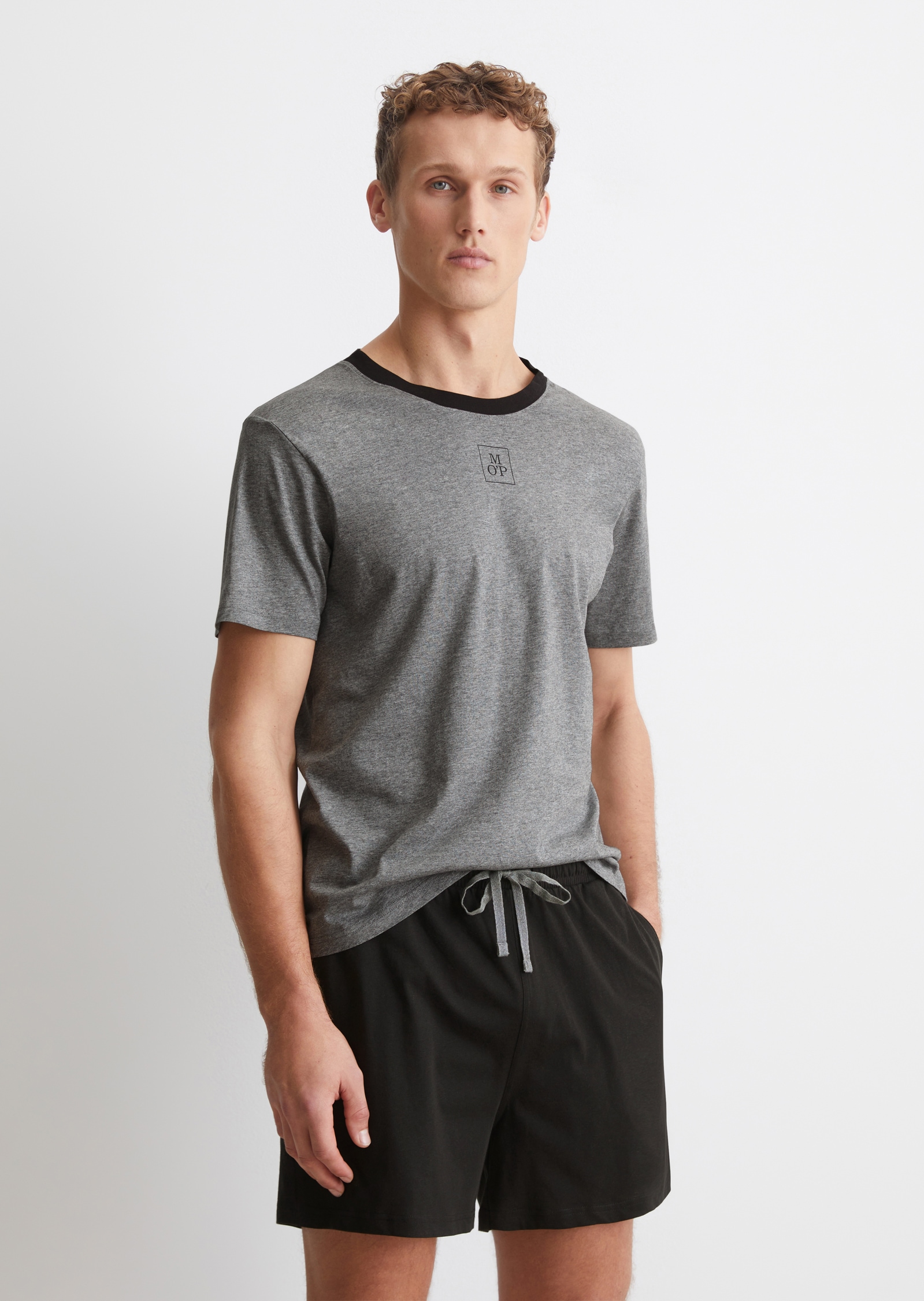 Shorty MARC O'POLO "Mix N Match Cotton", Damen, Gr. XXL, schwarz (grau melange, schwarz), Jersey, Obermaterial: 100% Baumwolle, bequem kurz, Rundhals, Homewear-Sets Shorty, Baumwolle, Jersey-Qualität, bequem, Kurzarm