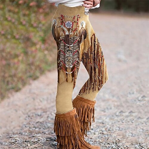 Damen Hosen Hose Leggings Gemütliche Leggings Streetwear Boho Volle Länge Hohe Taille Grafikdrucke Elastischer Bund Druck Atmungsaktivität Bequem Dehnbar Urlaub Straße Alltagskleidung Braun Khaki Image