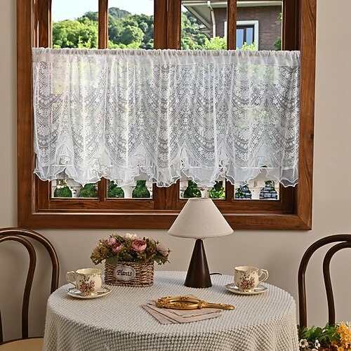Kurzer Küchenvorhang mit Rüschen und Spitze, Vintage-Blumenstickerei, kurzer transparenter Café-Vorhang für Küchenfenster, Stangentasche, gewellter Boden, transparenter Volant mit Perlen, 1 Panel Image