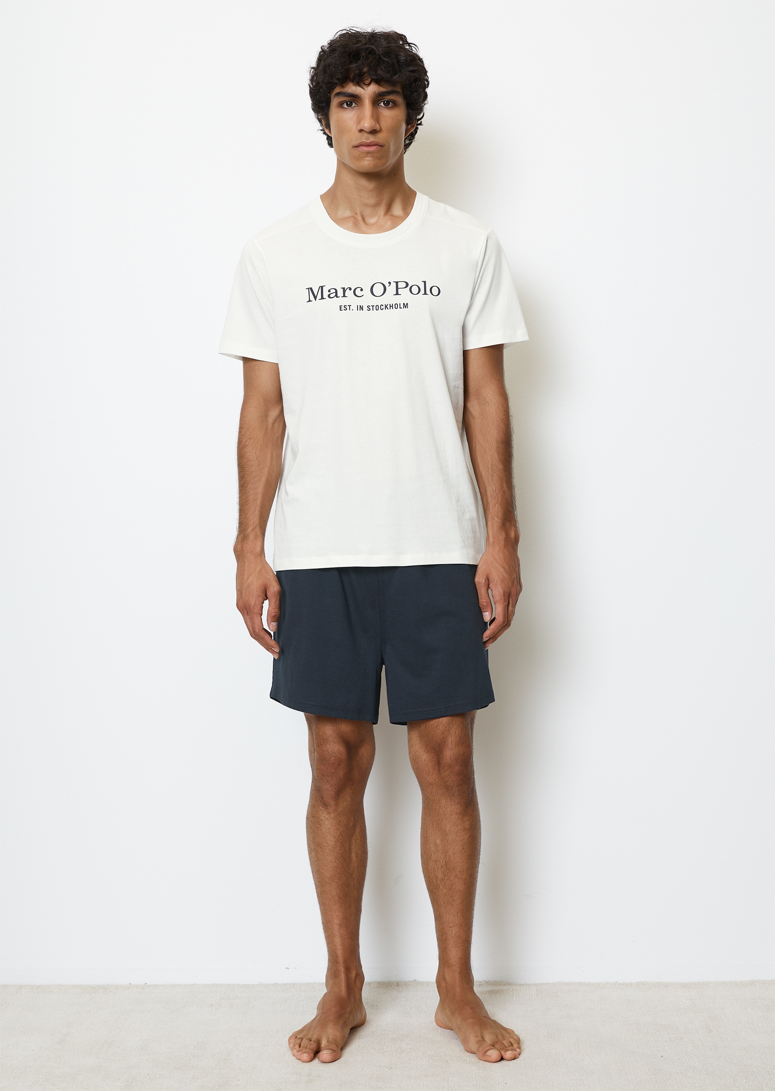 Shorty MARC O'POLO, Herren, Gr. XL, weiß, Jersey, Obermaterial: 100% Baumwolle, bequem kurz, Rundhals, Homewear-Sets Shorty, Kurzarm, Shorts, Rundhalsausschnitt, Baumwolle