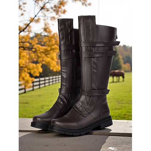braune kniehohe Reitstiefel für Damen – Kunstleder mit Schnalle im Reitsport-Kampfstil für herbstliche Outdoor-Abenteuer und mittelalterlich inspiriertes Cosplay Image