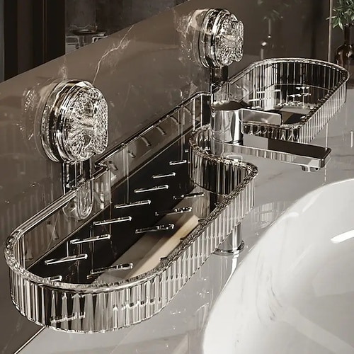 Durchsichtiges, an der Wand montiertes Badezimmer-Organizer-Regal aus Kunststoff mit Saugnäpfen, abnehmbares Design ohne Bohren, Unterwaschbecken-Regal, perfekt für Schminktisch, Dusche Image