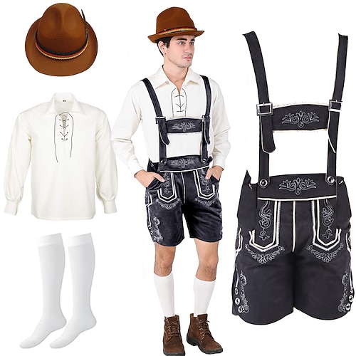 Oktoberfest Lederhosen Hemd Alpenhut Bayerisch Deutsch Wiesn Herren Karneval Party Bier Festival Stoff im traditionellen Stil Bluse Shorts Austattungen Image
