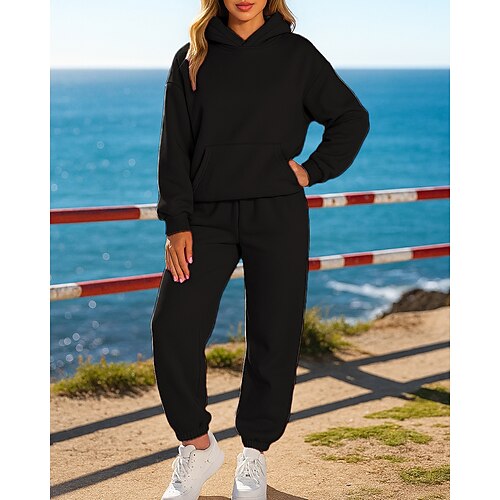 Damen Trainingsanzug Trainingsshorts Kurze Jogginghose Tasche Einfarbig Kombination Herbst Schwarz Weiß Fitnessstudio Training Laufen Leicht Langarm Sport Sportkleidung Mikroelastisch Lässiger Schnitt Image