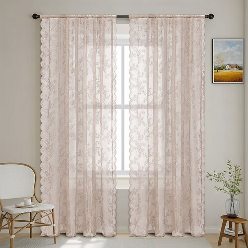 Gardinen Jacquard-Vorhänge mit Spitzenbordüre und Ösen - fertige, transparente Vorhänge im Landhausstil für den Außenbereich Image