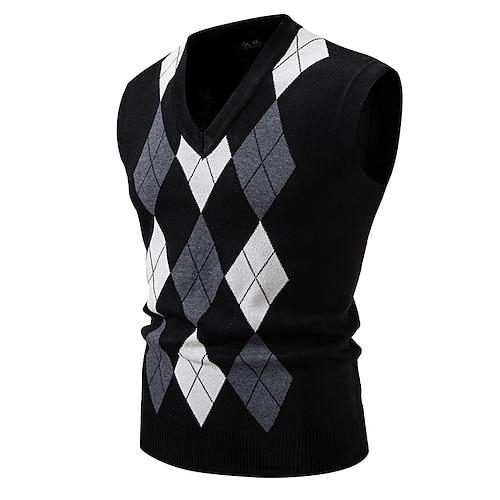 Herren Pullover Pullunder Gerippt Stricken Normale Oberteile Gestrickt Schmale Passform Argyle V Ausschnitt Strickware Vintage Lässig Alltagskleidung Bekleidung Herbst Schwarz Marineblau M L XL