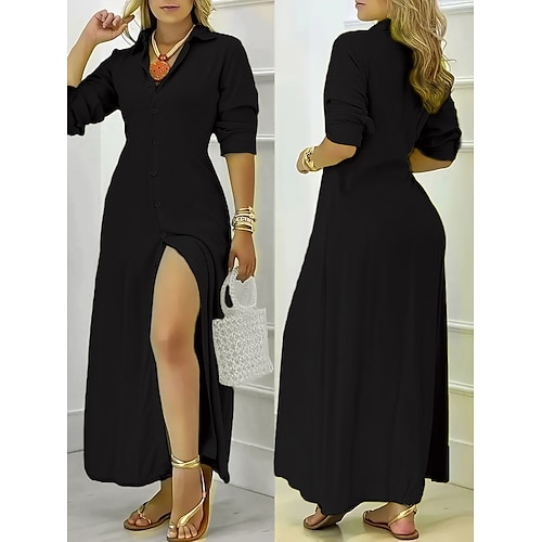 Per donna Abito Lungo Maxi Abito Abito nero Abito Camicia Abito da Cocktail Abito Formale Elegante Quotidiano Vestibilità regolare Colore Puro Manica Lunga Scollo a V Nero Bianco Giallo Blu Autunno