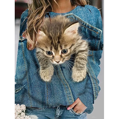 Damen Pullover Sweatshirt Kapuzenshirts Druck Grafik Tiermotiv Katze Mode Lässig Langarm Rundhalsausschnitt Rundhals Normale Oberteile Straße Alltagskleidung Denim Blue Frühling Herbst Winter Image