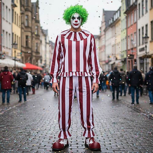 Karnevalskostüm 2026 Joker Clown Karneval Kostüm Overall Clown im Kornfeld Horror Gruseliges Kostüm Weiß und Rot Gestreift Erwachsene Herren Damen Halloween Karneval Party Leistung Einfaches Image