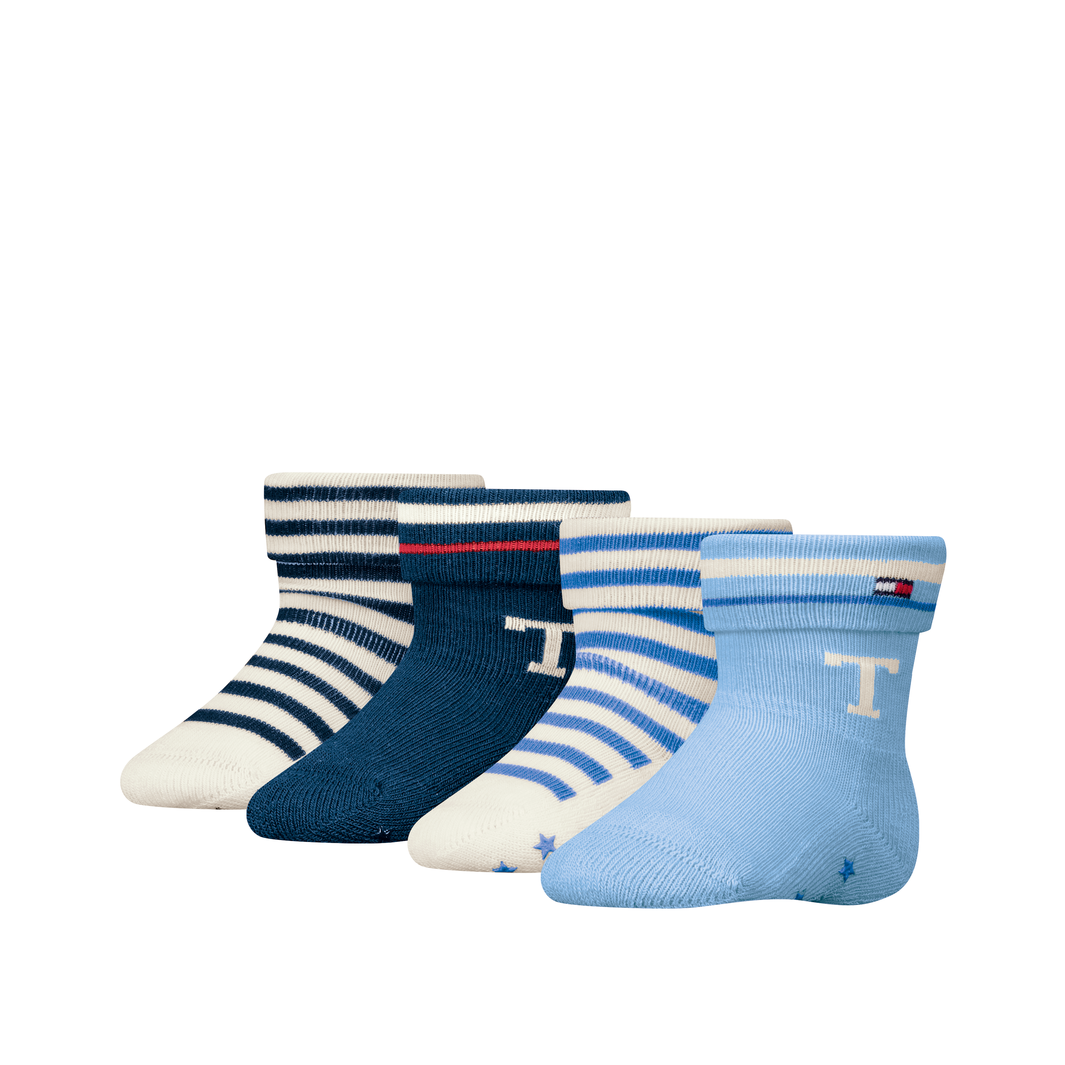 Socken TOMMY HILFIGER "TH BABY SOCK 4P FOLD OVER STRIPE ECOM", Damen, Gr. 23-26, blau (light blau, tommy original), Obermaterial: 73% Baumwolle, 26% Polyamid, 1% Elasthan, Socken Image