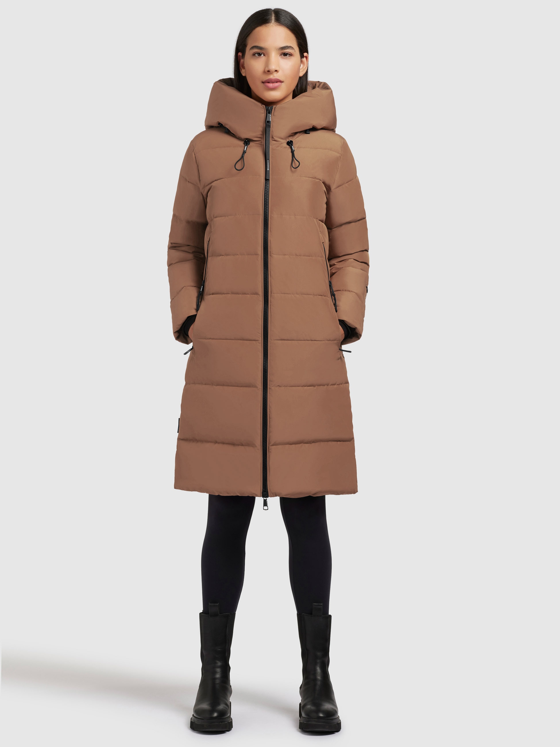 Steppmantel KHUJO "JILIAS4", Damen, Gr. S, braun (hellbraun), Web, 100% Polyester, unifarben, Casual, regular fit knielang, eingesetzt elastischer Bund mit Windstopper, Mäntel Image