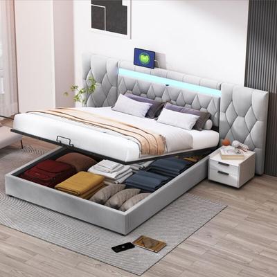 Elegantes Polsterbett 180x200 mit großer Rückenlehne, Samtbett mit led- und USB-Buchse, Image