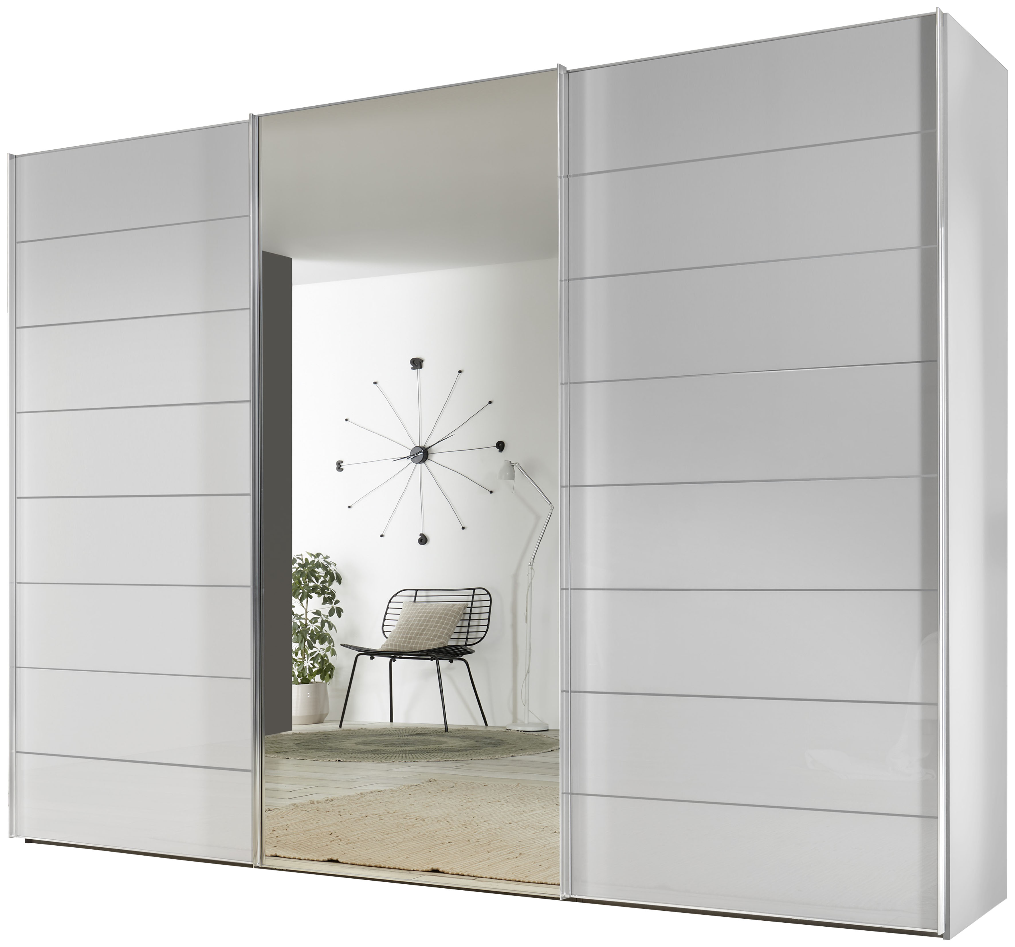 Schwebetürenschrank STAUD "Sonate Como mit Spiegel, in wertiger Staud-Qualität, Made in Germany", weiß (alpinweißglas), B:298cm H:240cm T:68cm, Holzwerkstoff, Schränke, viele Varianten Image