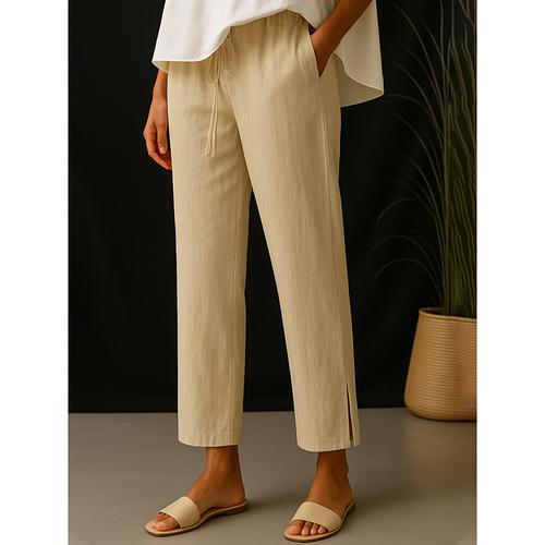 Women's Cotton Linen Pants Simple Casual Long High Waist Plain Pocket Elastic Drawstring Design High Cut Breathability Soft Micro-elastic Daily Wear White Green Beige Gray Spring Fall Regular Fit