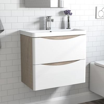 Waschtisch mit Unterschrank Waschbeckenunterschrank Badmbel 60cm Wei + Eiche mit Waschbecken Image