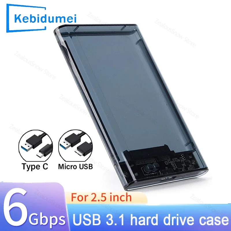 Boîtier de disque dur externe de 2.5 pouces, boîtier de disque dur transparent rapide 5Gbps USB vers Micro type-c SATA HDD SSD, adaptateur, mallette de rangement de disque dur