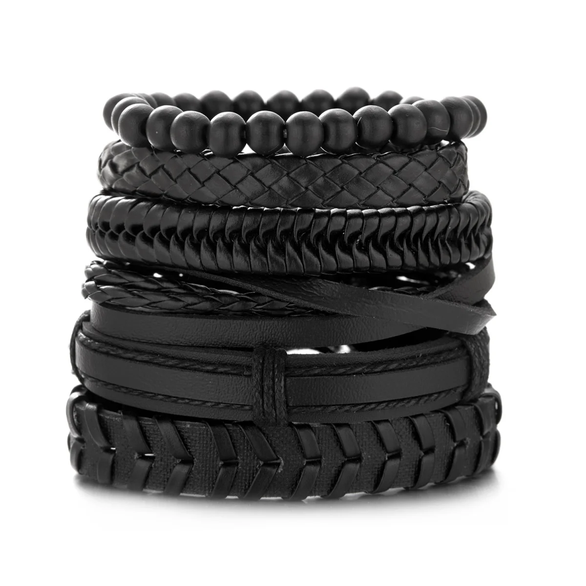 6 Teile/satz Schwarz Leder Seil Holz Perlen Armbänder Für Frauen Männer Multilayer Punk Handgemachte Twisted Leder Wrap Armreif Schmuck Image