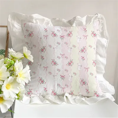 Koreanisches romantisches Kissen für Mädchen, herzgewaschene Baumwolle, gekräuselter Kissenbezug, Kern, Auto, Sofa, Carto, Kaninchen, Blumenkissen, 45 cm x 45 cm Image