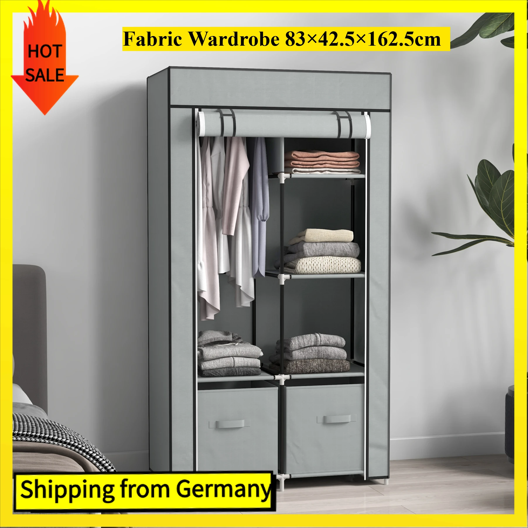 Comanlai Stoff-Kleiderschrank mit 5-Fächern und Kleiderstange, platzsparender Kleiderschrank mit Reißverschluss, klappbarer Kleiderschrank für Schlafzimmer