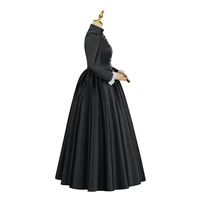 Edwardianisches schwarzes viktorianisches Trauerkleid für Damen, Retro-mittelalterliches historisches Kostüm, Tudor-Tageskleid, schwarzes Trubelkleid Image