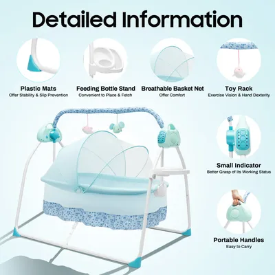 Foldable Electric Cradle Blue with 2 Plush Toys Feeding Bottle Stand 5 Gears Remote Control for 0-18 Months