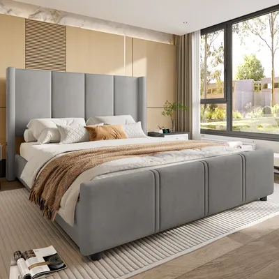 160 X 200 Cm Upholstered Bed Frame, High Headboard And Footboard, Certified USB Port, Iron Frame And Wood Combination Modern