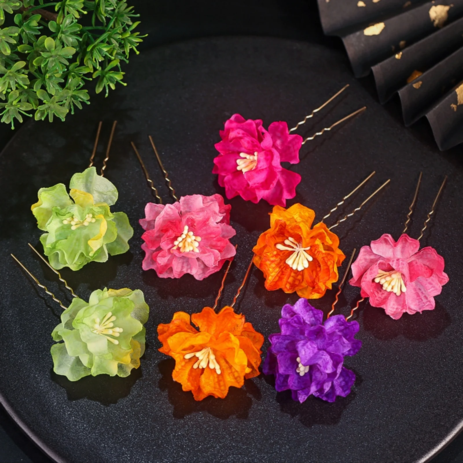 2 Stück Hanfu-Haarschmuck mit Seidenblumen, kleine Haarnadel mit gebügter Blume, Haarschmuck im antiken Stil, Blumen-Haarnadel, geformte Haarnadel Image