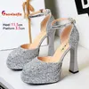 11,5 CM Silber Pailletten Karree Sandalen Für Frauen Dual Plattform Sommer High Heels Designer Luxus Party Kleid Schuhe Größe 34-40