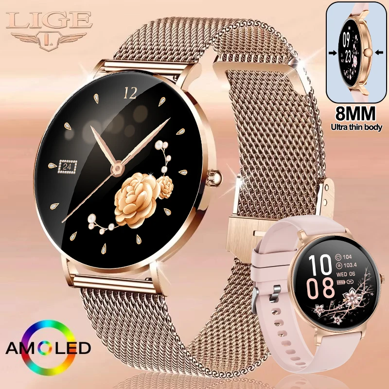 Neue 1,27 "Full Touch Screen Damen Smartwatch Ultra Dünne 8mm Bluetooth Anruf Smart Uhr Frauen Herz Rate Monitor für Android iOS Image