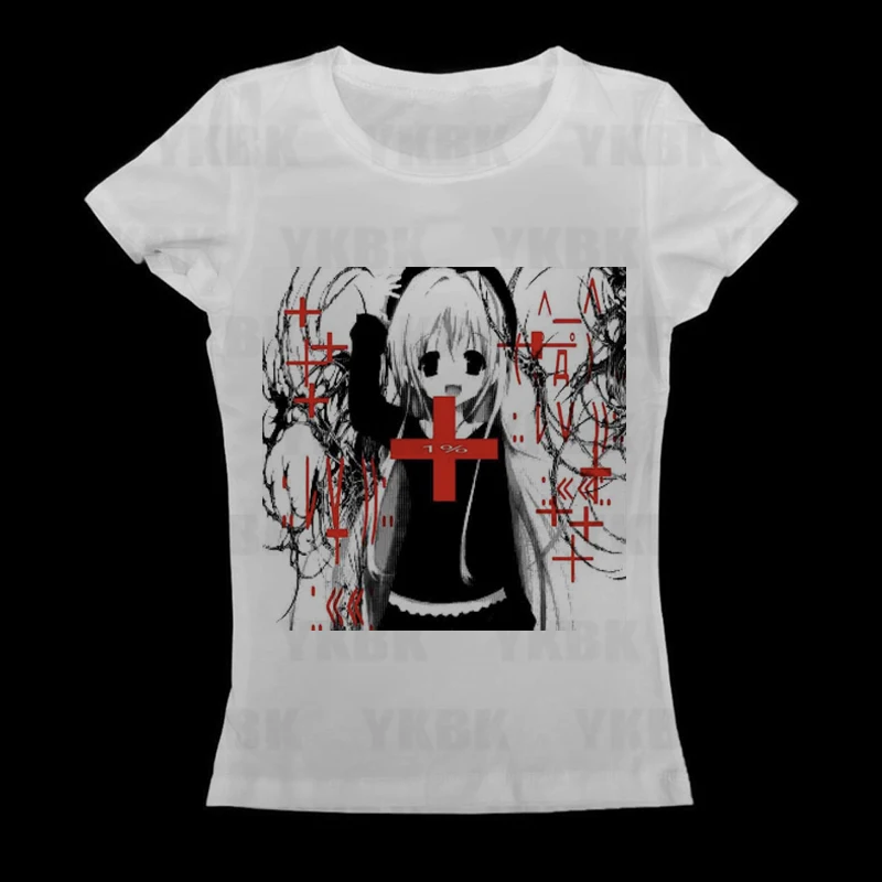 Damen T-Shirt Harajuku 90er Jahre Crop Top Harajuku Retro Korean White y2k Streetwear Girl unk Gothic Anime Print Kleidung Slim Anime Image