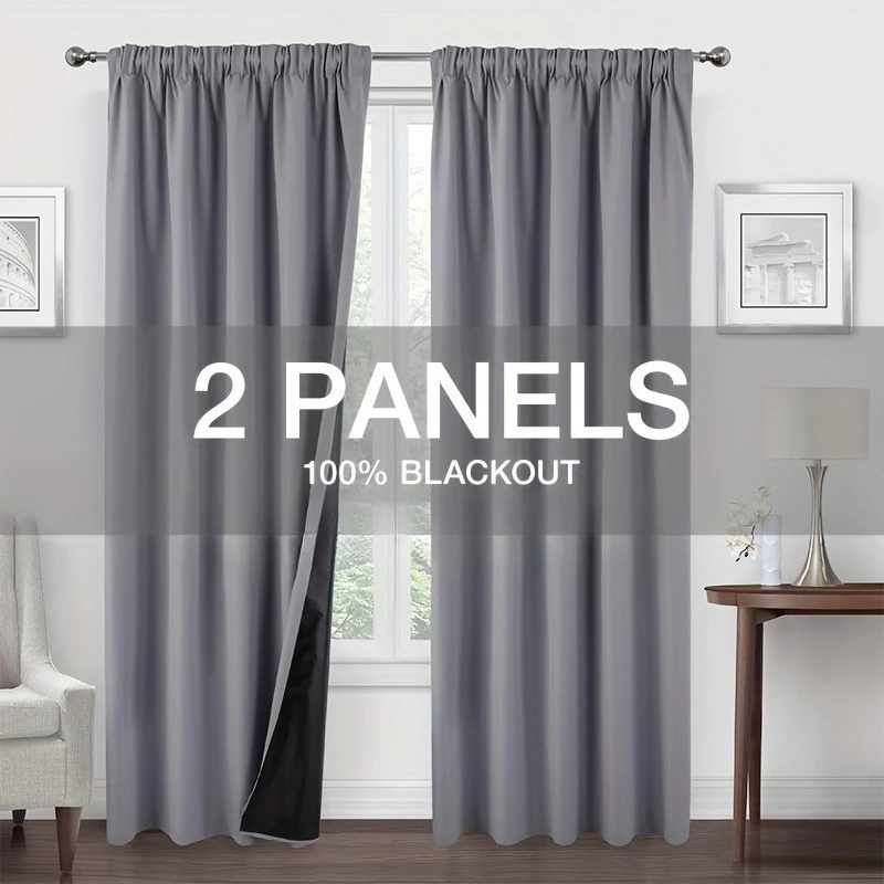 2 Stück moderne 100 % schwarze Vorhänge mit Stangentasche, Fenstervorhänge für Wohnzimmer, Schlafzimmer, Küche, Badezimmer, Heimdekoration Image