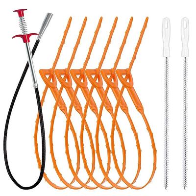 Kitchen Sink Sewer Cleaning Hook Set,35.5inch Drain Clog Remover(1pcs), 25inch Drain Snake Hair Remover(6pcs) ＆ Cleaning Brush(2pcs), Hair Catcher Drain Auger Cleaner Tool Set For Toilet, Kitchen Sink, Bathroom Tub, Sewer