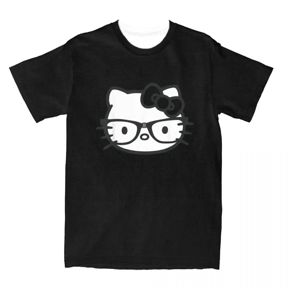 Hello Kitty Schwarz-Weiß-Bücherwurm-Brillen-T-Shirt für Herren und Damen, Herren-T-Shirt, Rundhals-T-Shirt, kurzärmelig, lässiges Oberteil