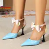9 cm High Heels Kleid Schuhe Sommer Bowknot Ankle Strap Blau Spitz Frauen Sandalen Damen 2025 Elegante Outdoor Wanderschuhe