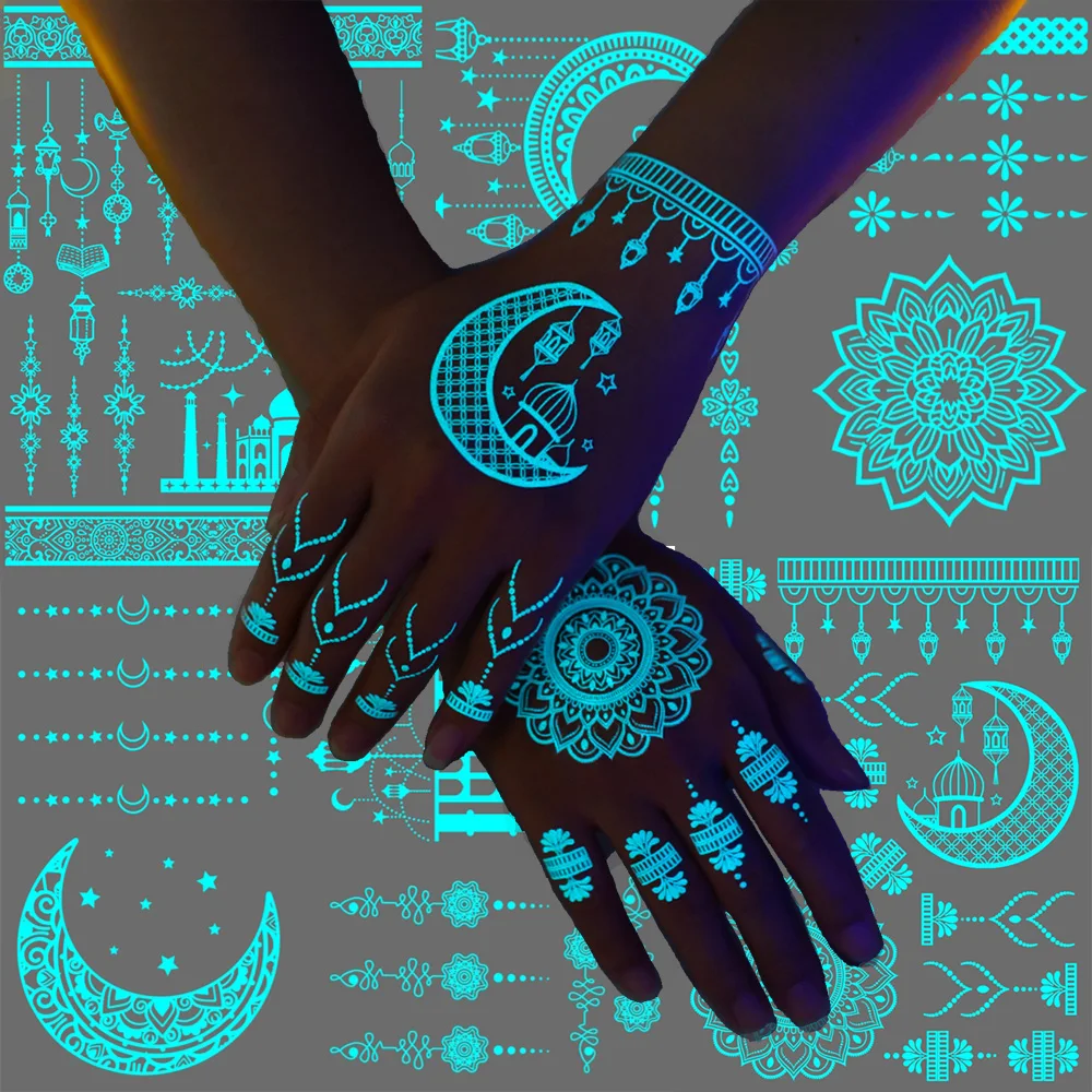 4-Blatt Ramadan-Tattoo-Aufkleber, die im Dunkeln leuchten, geeignet für Frauen, wasserfeste temporäre Tattoos mit blauem Glanz, geeignet für Image
