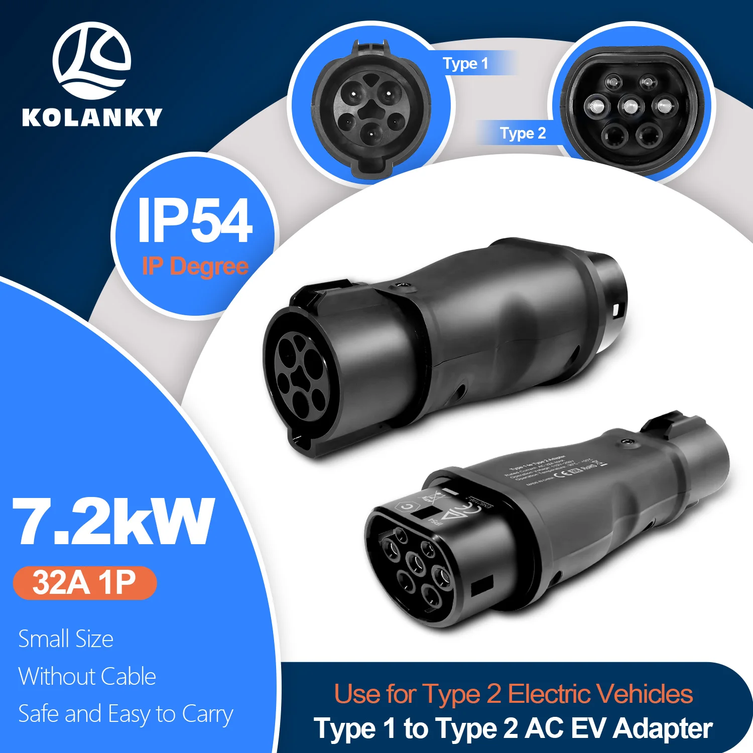 Kolanky Typ 2 Elektrofahrzeug-Anschluss, 7,2 kW EV, tragbar, USA-EV-Ladegerät-Adapter, Typ 1 J1772 auf Typ 2 AC-EV-Adapter, 1P Image