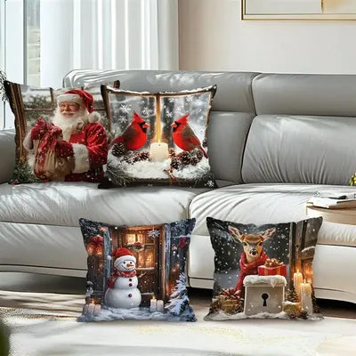 Weihnachtsmann Rentier Kissen Kissenbezug Bedrucktes Polyester 45x45cm Dekokissenbezug Dekoratives Sofakissen Kissenbezug Dekor Image