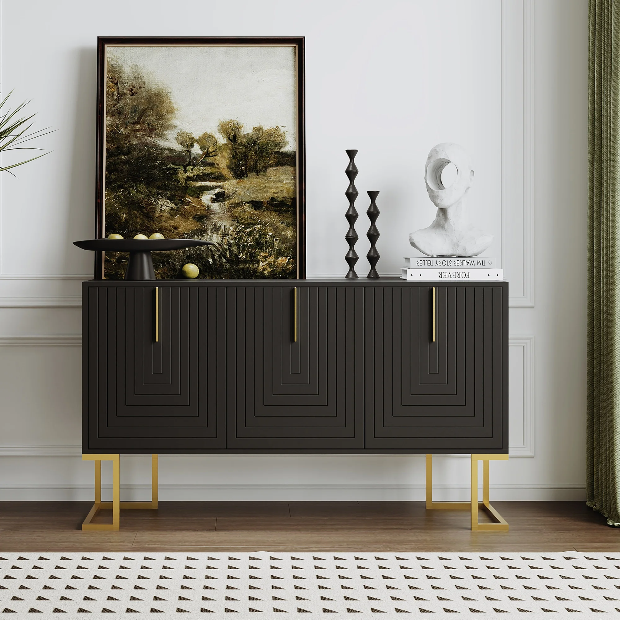 Kommoden Modernes 3-türiges Sideboard mit verstellbaren Regalen Kommode, Navy blau Schwarz/Weiß Image