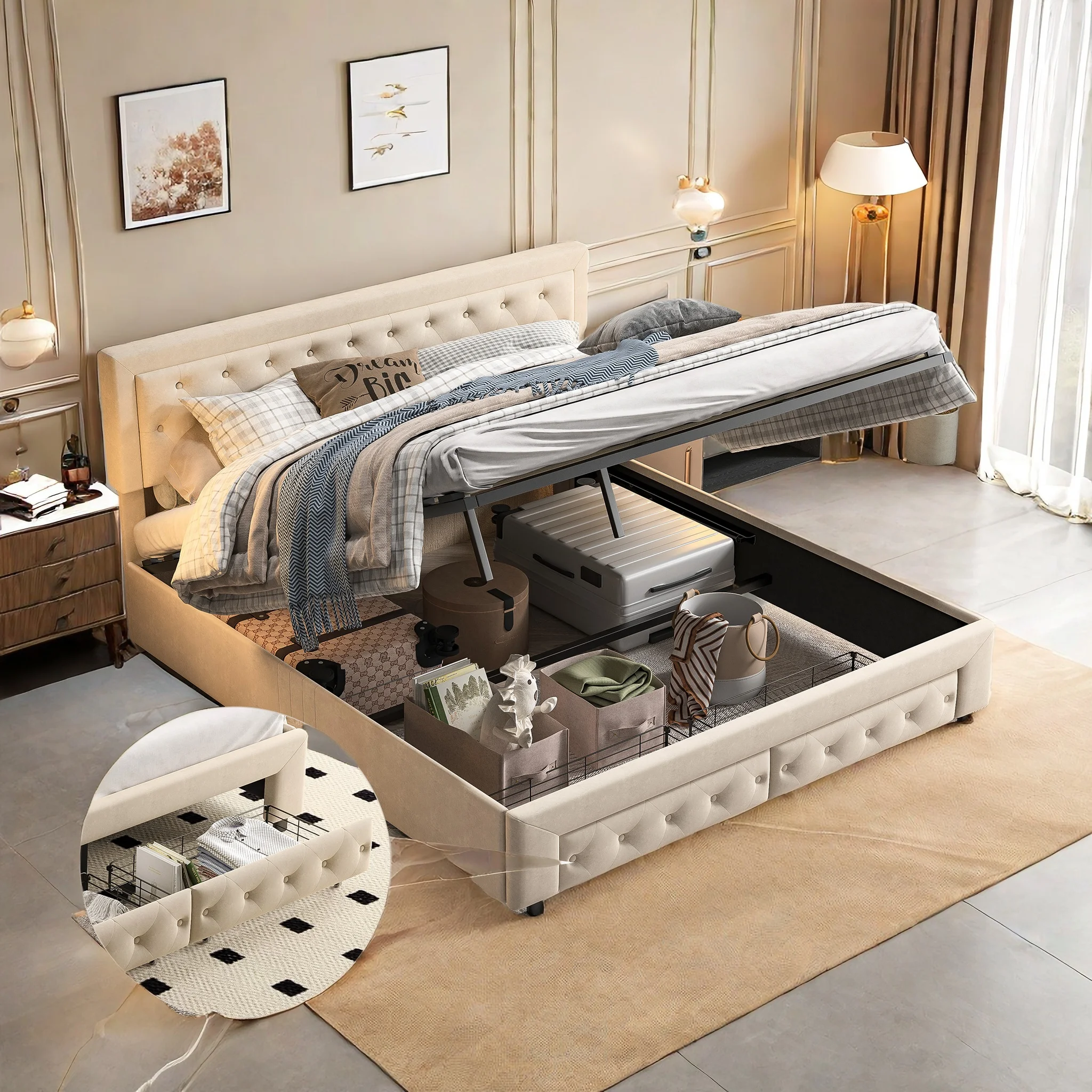 ROSAHQNDA Polsterbett mit Stauraum, modernes Doppelbett, hydraulisches Kastenbett mit Schubladen, 160/180 x 200 cm, ohne Matratze Image