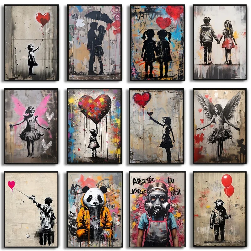 Pop Street Graffiti Wall Art Banksy Boy Girl with Balloon on Canvas Posters and Prints Painting for Living Room Home Decor Gifts
