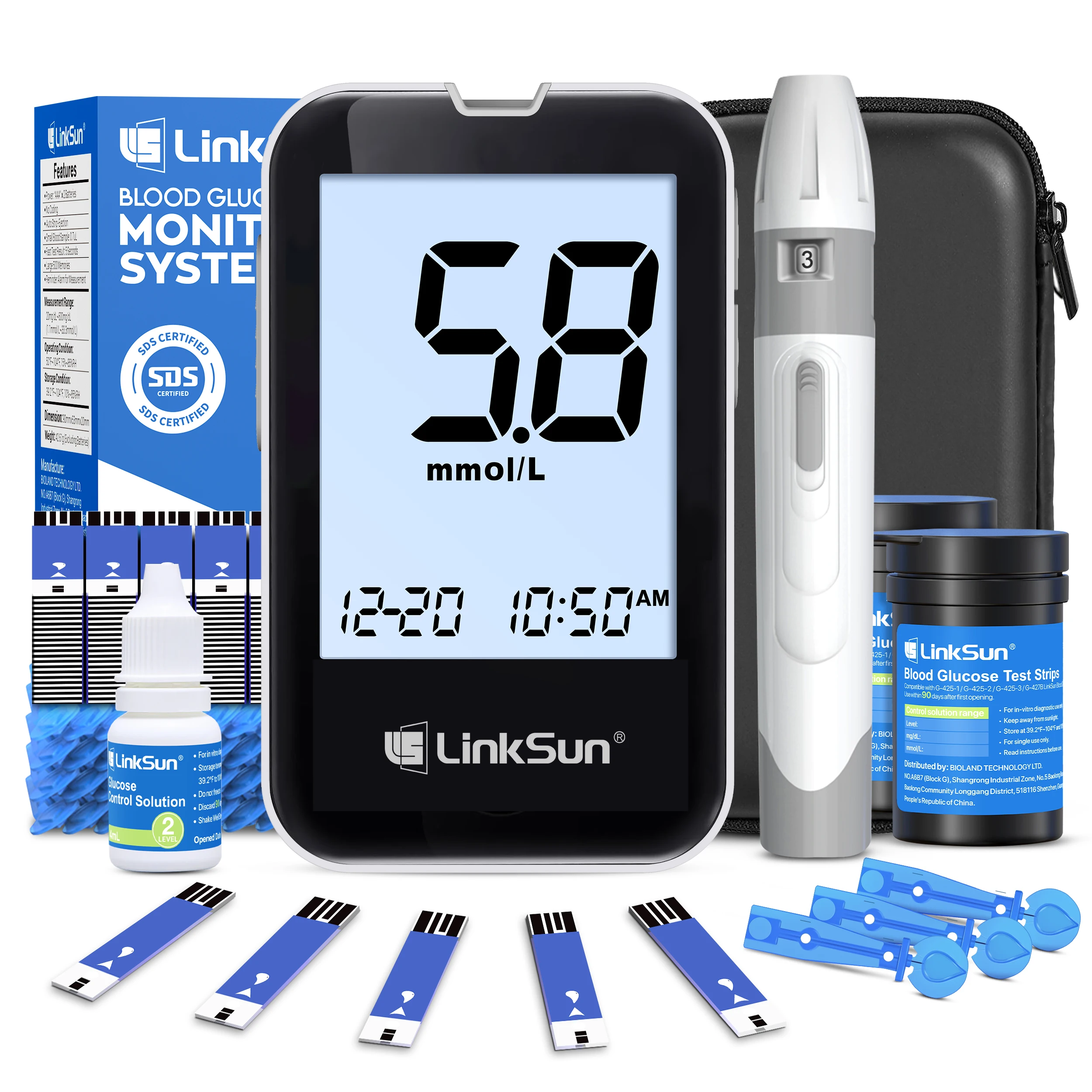 G-425-2V LinkSun Blutzuckermessgerät, 100-teiliges Diabetes-Testkit, keine Codierung, Glucometer, großes Display, Glukosemessgerät für den Heimgebrauch Image
