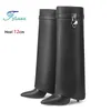 Neue Damen 12CM Stiletto mit Schlössern Western-Stil umgeschlagene Kante Stiefel kniehohe Hosen Beinstiefel Mode Modell T Show Schuhe