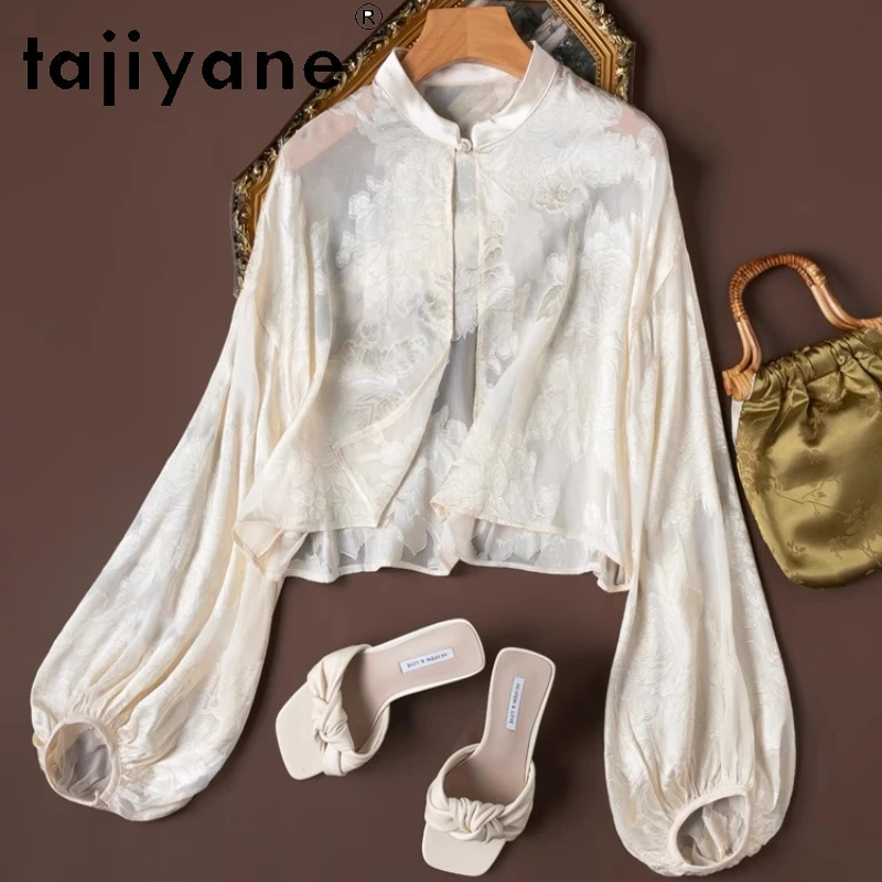 TAJIYANE Bluse aus 100 % Maulbeerseide, elegante kurze Strickjacke aus Seide, Laternenärmel, Schal, Mantel, Sommeroberteile, 2025, Damenkleidung, Блуор Image