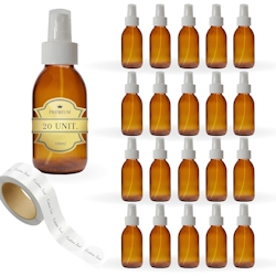 Espírito rebelde 20x Sprühflaschen aus Braunglas 100 ml mit Sprühverschluss + 20 personalisierte Etiketten – Ätherische Öle und Kosmetik