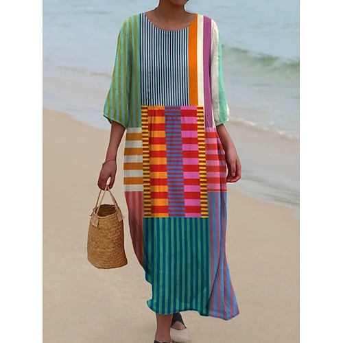 Damen Maxi Kleid Kaftan 3/4 Länge Ärmel Rundhalsausschnitt Lässiges A-Linie Kleid Kleid Boho Grafisch Geometrisch Gelb Rot Hellbraun Braun Image