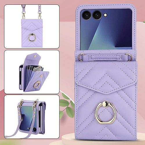 Handy Hülle Handyhüllen Für Samsung Galaxy Z Flip 7 Z Flip 6 Z Flip 5 Z Flip 4 Brieftaschenhülle mit Trageriemen Kartenfach Ringverschluss Retro TPU PU-Leder Image