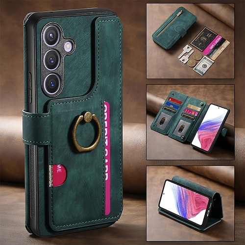 Handy Hülle Handyhüllen Für Samsung Galaxy S25 S25 Edge S24 S23 Ultra Plus S22 Plus Ultra A55 5G A35 5G A25 A15 A14 Brieftaschenhülle Reisverschluss Ständer Kartenfach Retro TPU PU-Leder Image