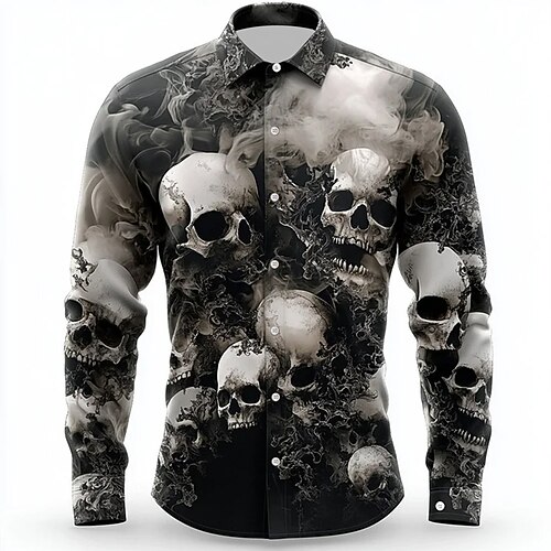 Männer Kostüme Totenschädel Hemd Knopf-Down Hemd Casual Kleidungshemd Langarm Dunkel Gothic Stil Urlaub Sommer Frühling Umgeschlagen 3D Druck Kragenhemden Weiß 1 Schwarz Weiß Image