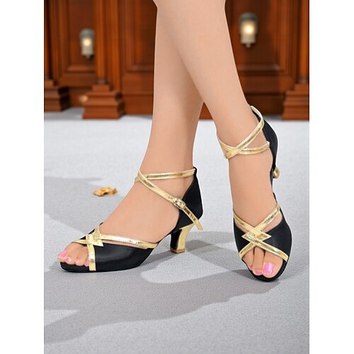 Damen Satin Latein Tanzschuhe - Riemchen Gold orange professionelle Ballsaal-Absätze für Salsa, Rumba Performance-Tanz