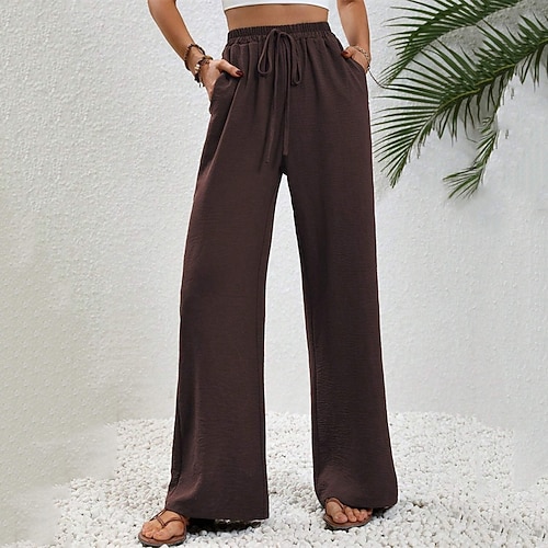 Damen Weites Bein Hosen Hose Palazzo-Hose Mode Streetwear Volle Länge Hohe Taille Einfach Kordelzug Elastischer Bund Atmungsaktivität Bequem Straße Alltagskleidung Ausgehen Blau Schwarz Rosa Armeegrün Image